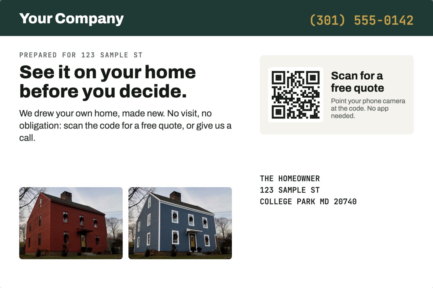 Back of a sample SideByHome postcard: offer, note and QR code