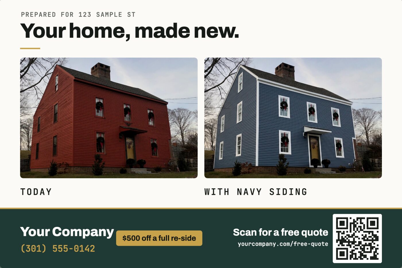 Front of a sample SideByHome postcard: the house today and with navy siding